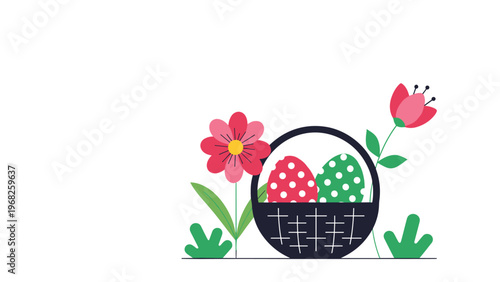 Charming Easter basket filled with two patterned eggs and surrounded by vibrant spring flowers on a simple white background.