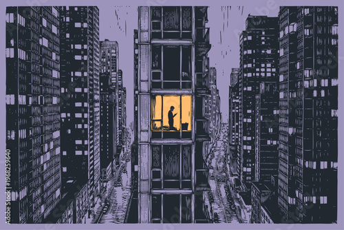 Vector illustration of a dark night cityscape. One bright yellow window in a skyscraper reveals a lonely man silhouette. Moody purple urban scene.