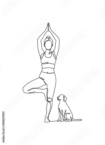 Yoga with Furry Friends. Minimalistic one-line drawing person in tree pose with dog nearby, continuous single black line on white background, simple outline