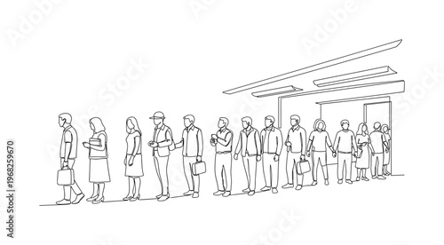 Temporary Housing. Minimalistic one-line drawing people lining up inside evacuation facility, continuous single black line on white background, simple outline