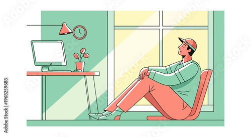 A contemporary illustration portrays a person in a baseball cap enjoying a quiet, reflective break by a sun-drenched window in a home setting.