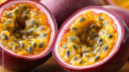 Vibrant Close-Up of Fresh Passion Fruits Showcasing Juicy Pulp and Exotic Seeds for Healthy Living