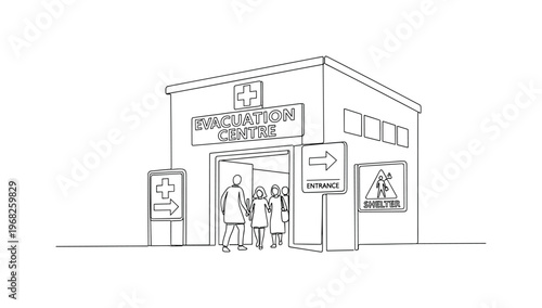 Evacuation Center. Minimalistic one-line drawing people entering a building with emergency signs, continuous single black line on white background, simple