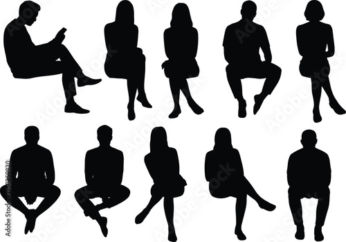 Set of sitting people silhouettes in different poses isolated vector illustration for casual lifestyle and waiting scenes