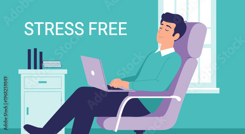 A calm man enjoys a moment of peaceful relaxation, leaning back in his chair with a laptop, embodying a stress-free work-life balance.