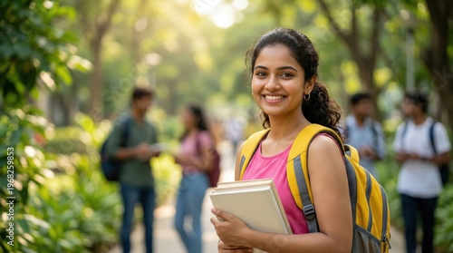 young indian college girl holding books and backpack standing at collage campus