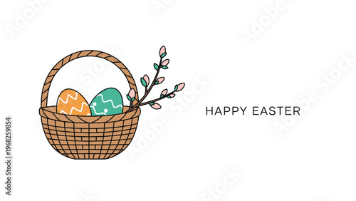 Simple Easter card design featuring a woven basket with two decorated eggs and a flowering willow branch on white.