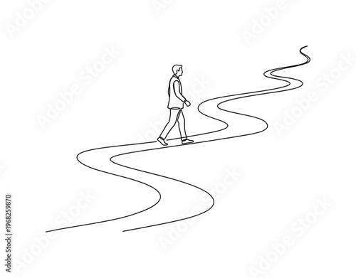 Soul Trek. Minimalistic one-line drawing human silhouette progressing along abstract trail, continuous single black line on white background, simple outline