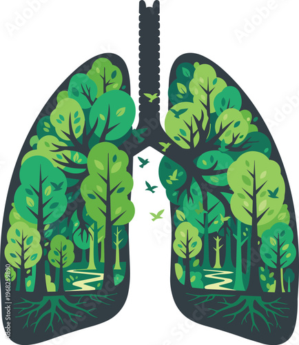 Silhouette of Human Lungs Containing a Lush Vibrant Green Forest Landscape with Tiny Flying Birds Symbolizing Clean Air Healthy Respiration Environmental Connection Medical Wellness Nature Therapy and