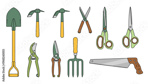 Comprehensive collection of gardening tools including a shovel, pruners, scissors, a saw, and a garden fork for outdoor work.