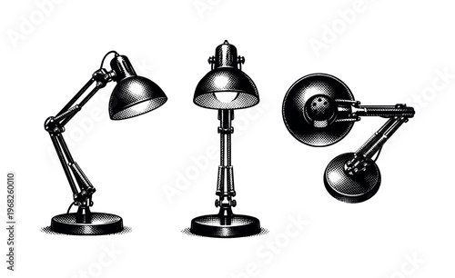 Table lamp ? adjustable arm lamp. A realistic adjustable arm table lamp depicted as the same object in three views, highlighting jointed arms, pivot points,