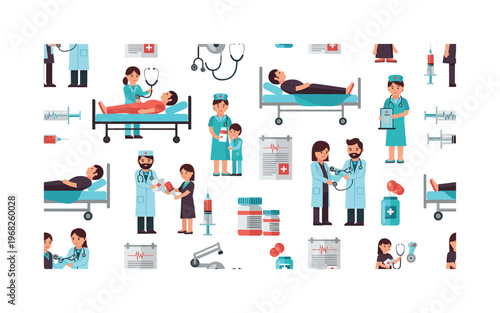 patient care icons seamless pattern, repeating pattern, surface design, textile print, modern illustration of doctors examining patients, nurses assisting,