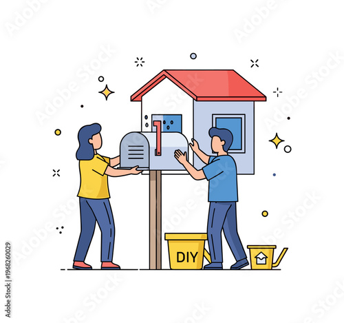 Replacing the mailbox friendly neighbor scene where two people collaborate on a mailbox installation while tiny sparkle and star icons highlight teamwork,