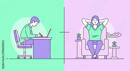 This illustration contrasts a person working at a desk with another relaxing, symbolizing the importance of work-life balance and mental well-being.