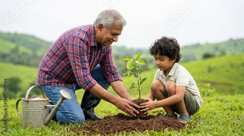 happy indian grand father and grand son doing plantations at outdoor