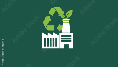 Environmental industrial icon featuring a white factory with a green recycling symbol and fresh leaves for eco-industry.