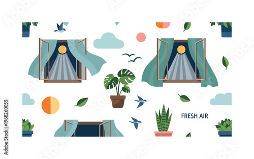 fresh air icons seamless pattern, repeating pattern, surface design, textile print, modern illustration of open windows, flowing curtains, sunlight beams,