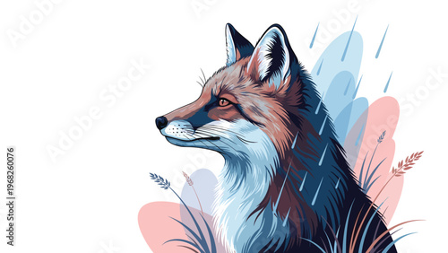 Soft and atmospheric portrait of a red fox in the rain with pastel colored shapes and grass in the background.