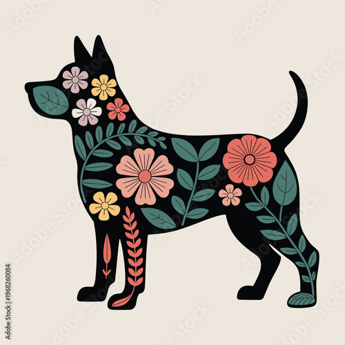 Black Dog Silhouette Filled With Floral Botanical Patterns Folk Art Style