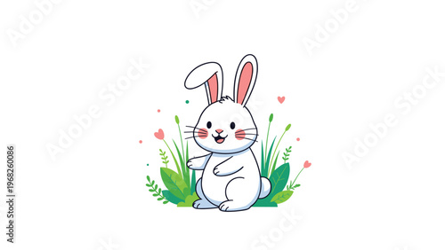 Cute white rabbit with pink ears sitting happily in a field of green grass and small pink flowers on a white background.
