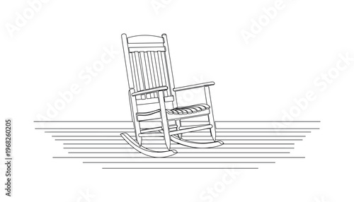 Porch Rocker. Minimalistic one-line drawing rocking chair on porch or deck, continuous single black line on white background, simple outline style, no shading,