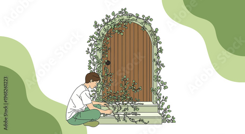 Man tending to overgrown wooden door with climbing vines, whimsical garden scene.