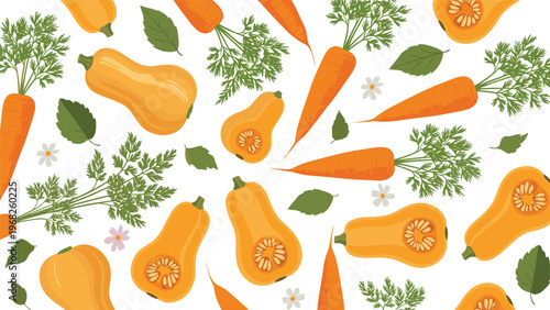 Seamless autumn harvest pattern showcases whole and sliced butternut squashes alongside fresh orange carrots with green tops and small leaves.