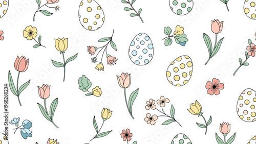 Charming Easter pattern features a variety of pastel colored eggs decorated with dots and stripes mixed with delicate spring flowers and leaves.