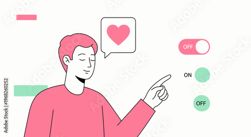 Man Toggles Love Switch, Heart Icon in Speech Bubble, Romantic Concept