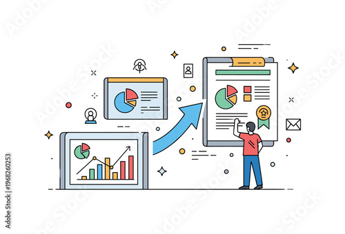 Successful campaign strategic planning success scene where charts and plans lead to positive results while small sparkle and line icons emphasize foresight,