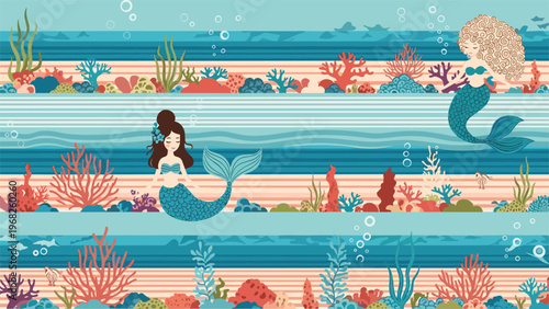 Magical underwater scene displays multiple mermaids swimming among vibrant coral reefs, colorful sea plants, and rising bubbles in a blue ocean.