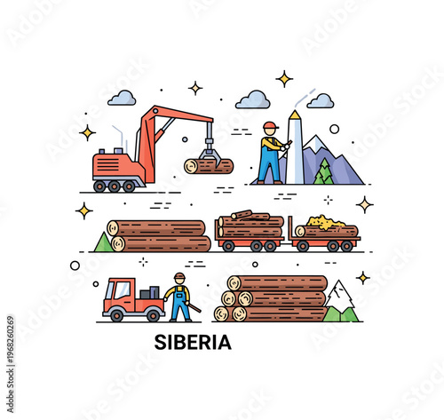 Siberia timber industry concept where logs are harvested and transported while tiny sparkle and line icons highlight labor, resource management, and extreme