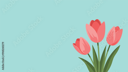 Three elegant pink tulips with long green stems are positioned on the right side of a calm teal background providing space for custom text.