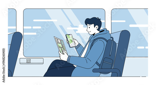 Man Using Phone and Map on Bus Journey, Travel Planning
