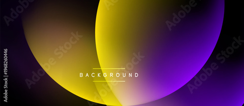 Abstract gradient circles overlap, creating vibrant purple, yellow hues. Minimalist design with text background centered. Dark backdrop enhances color contrast.