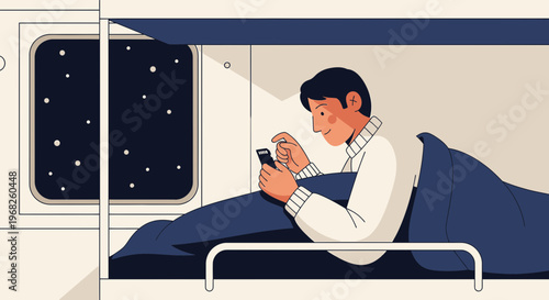 Man Using Smartphone in Train Bunk Bed at Night, Looking at Stars