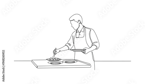 Clearing Table. Minimalistic one-line drawing person removing leftover food and plates, continuous single black line on white background, simple outline style,