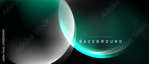 Abstract design features flowing turquoise lines, silver accents, dark background. Modern aesthetic, smooth gradients create dynamic visual effect.
