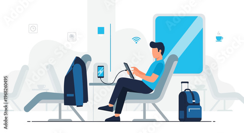 Man using tablet in airport or train station waiting area, charging phone