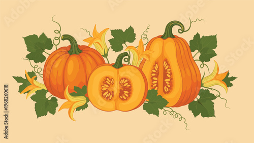 Beautiful still life illustration of whole and sliced orange pumpkins with green leaves and yellow flowers on beige background.