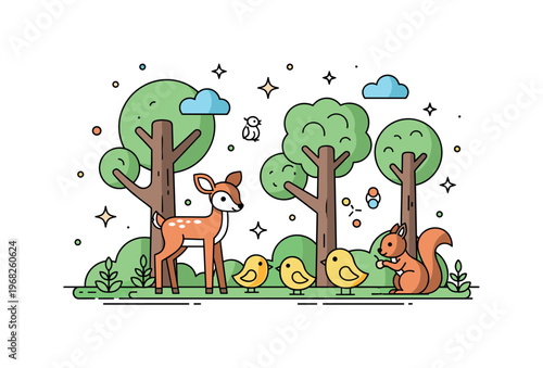 Forest animals spring woodland scene where baby animals such as fawns, chicks, and squirrels explore a vibrant forest while small sparkle and line icons