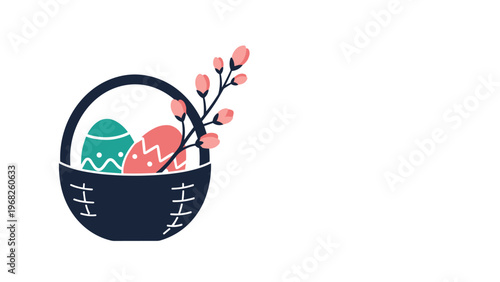 Dark blue basket filled with decorated easter eggs and a pussy willow branch on a white background for holiday greeting cards.