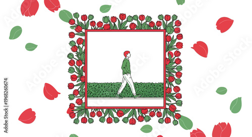 Man Walking in Floral Frame, Red Tulips, Green Leaves, Spring Bloom