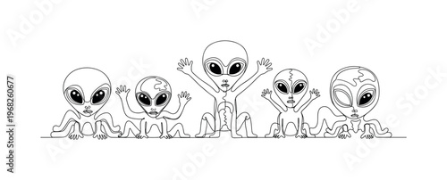Alien Life. Minimalistic one-line drawing extraterrestrial creatures with big eyes and limbs on surface, continuous single black line on white background,