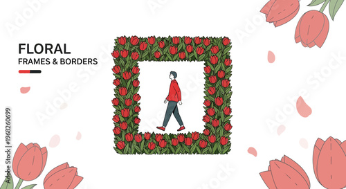 Man Walking Inside Floral Frame, Botanical Border, Spring Flowers Decoration