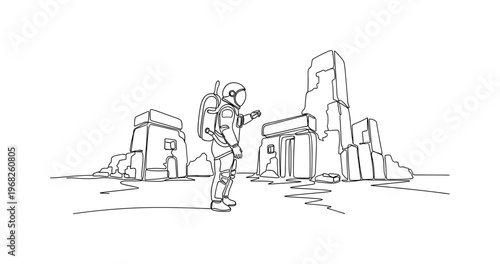 The Search for Ancient Extraterrestrial Life. Minimalistic one-line drawing astronaut examining alien ruins on barren planet, continuous single black line on