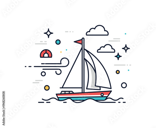 Ocean breeze sailboat scene where a small boat glides on the water with sails catching wind while small sparkle and line icons emphasize movement, freedom, and