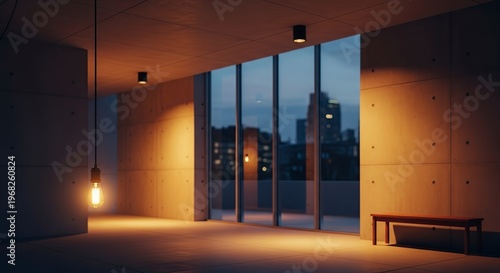 Modern interior with large windows and city view.