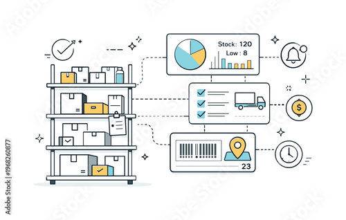 Smart inventory management. Editorial illustration of shelves connected to digital dashboards and icons, showing real-time stock tracking and balance. Calm,