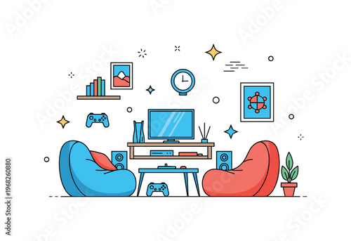 Gaming room setups cozy lounge corner scene where beanbags, console, and TV are arranged while small sparkle and line icons emphasize relaxation,